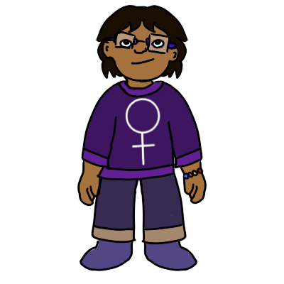 a child with brown skin, glasses, and straight black hair that goes to around her neck. she's wearing a colorful bracelet, purple shoes, purple pants, and a purple shirt with a venus/'female' symbol on it.